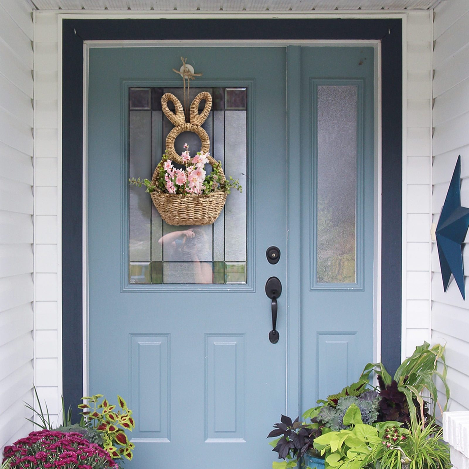 Bunny Basket Hanging Wall Pocket Spring Decor,2025 Easter Bunny Hanging Ornament,Woven Rabbit Statue Spring Wreath,Unlined Bunny Basket Makes Decorate for Flowers, Easter Eggs, Gifts