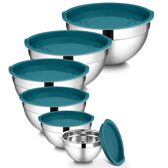 Walchoice Mixing Bowls with Lid Set of 6, Stainless Steel Metal Nesting Bowls for Cooking, Baking, Preparing, Serving, Size 4.5/3/2.5/1.5/1/0.7 QT - Dark Blue
