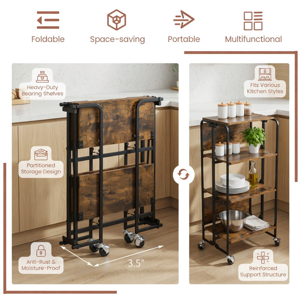 Demi Bonn Rolling Cart, Kitchen Island Cart, Folding Rolling Cart with Metal Frame-2-Tier, for Kitchen, Dining Room, Rustic brown