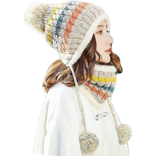 Gorro de lana de invierno para mujer Taian, conjunto de bufanda circular peruana, gorros con orejeras de esquí, gorros con forro polar de doble capa, Pompomsbeige ShuxiuWang 8390612206962