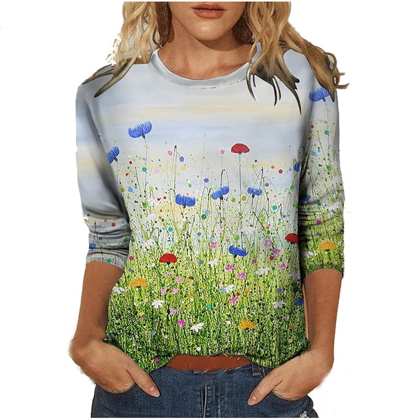 Camiseta de manga larga con cuello redondo y estampado floral para mujer Pompotops FGAJ10009