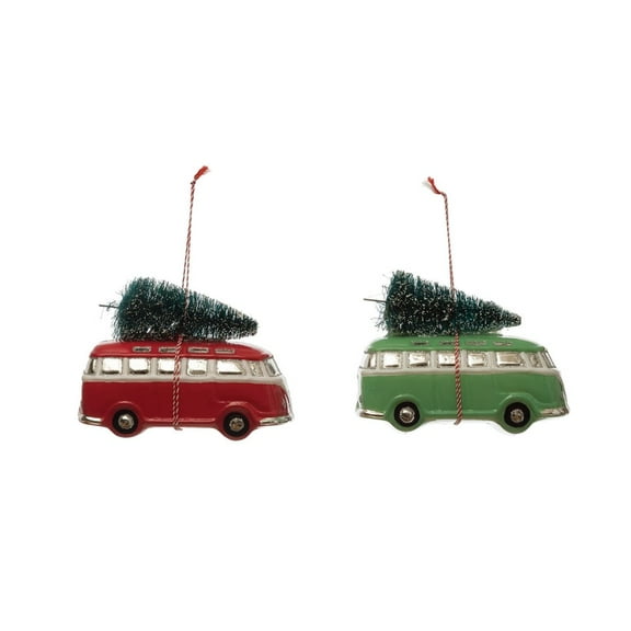Retro Glass Van with Pine Tree Set of 2 Glass Ornaments Christmas
