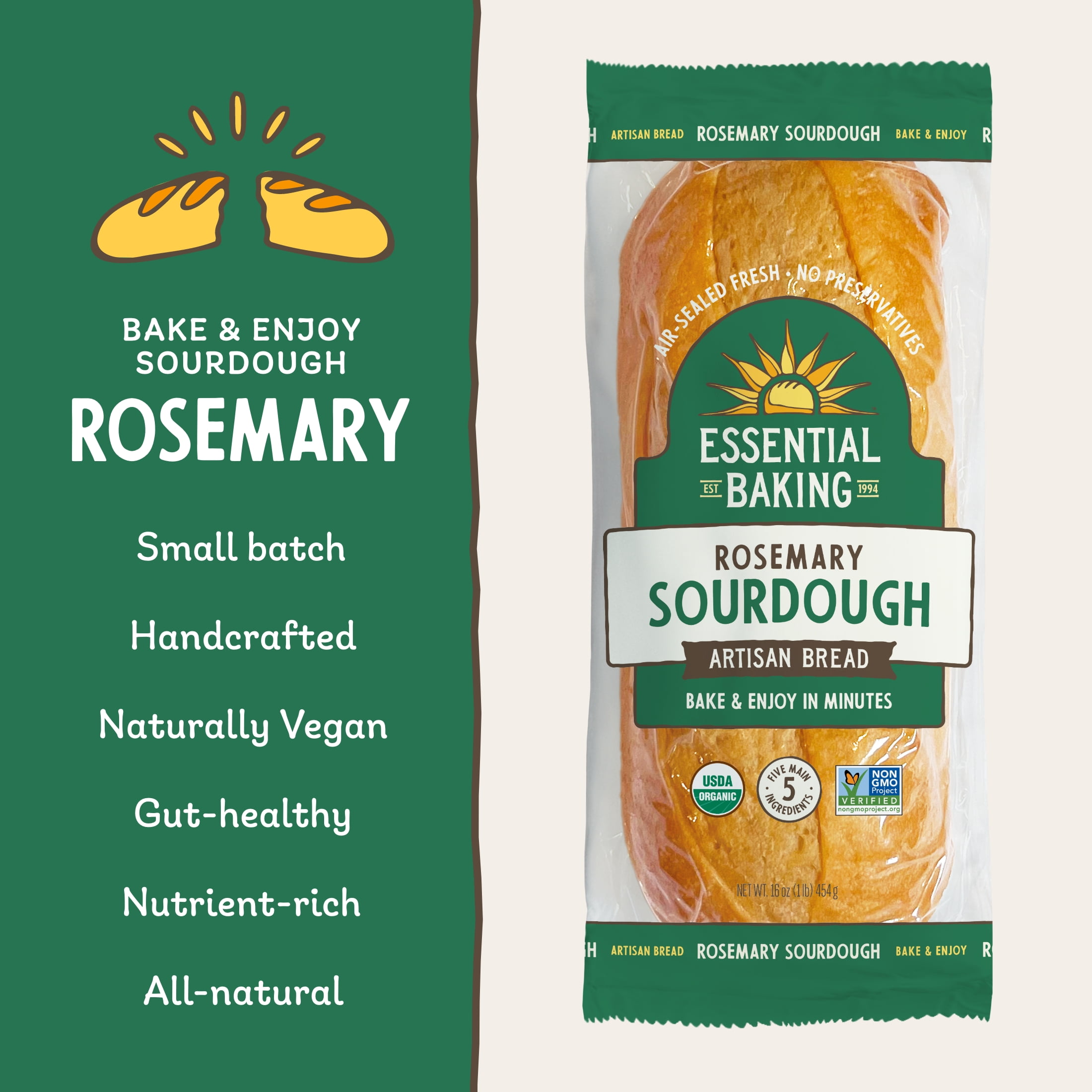 Essential Bake at Home Rosemary Sourdough Bread, Certified Organic, 16 oz, 4 Pack