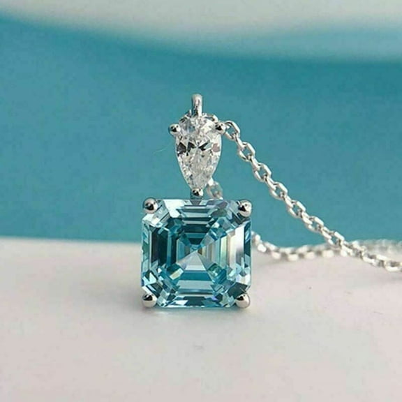 3Ct Asscher Cut Lab Created Aquamarine Solitaire Pendant 14K White Gold Plated 18In Free Chain