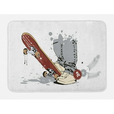 Teen Room Bath Mat, Skateboard with Boy Feet in the Sneakers and Jeans Illustration, Non-Slip Plush Mat Bathroom Kitchen Laundry Room Decor, 29.5 X 17.5 Inches, Grey Cream Chestnut Brown, Ambesonne