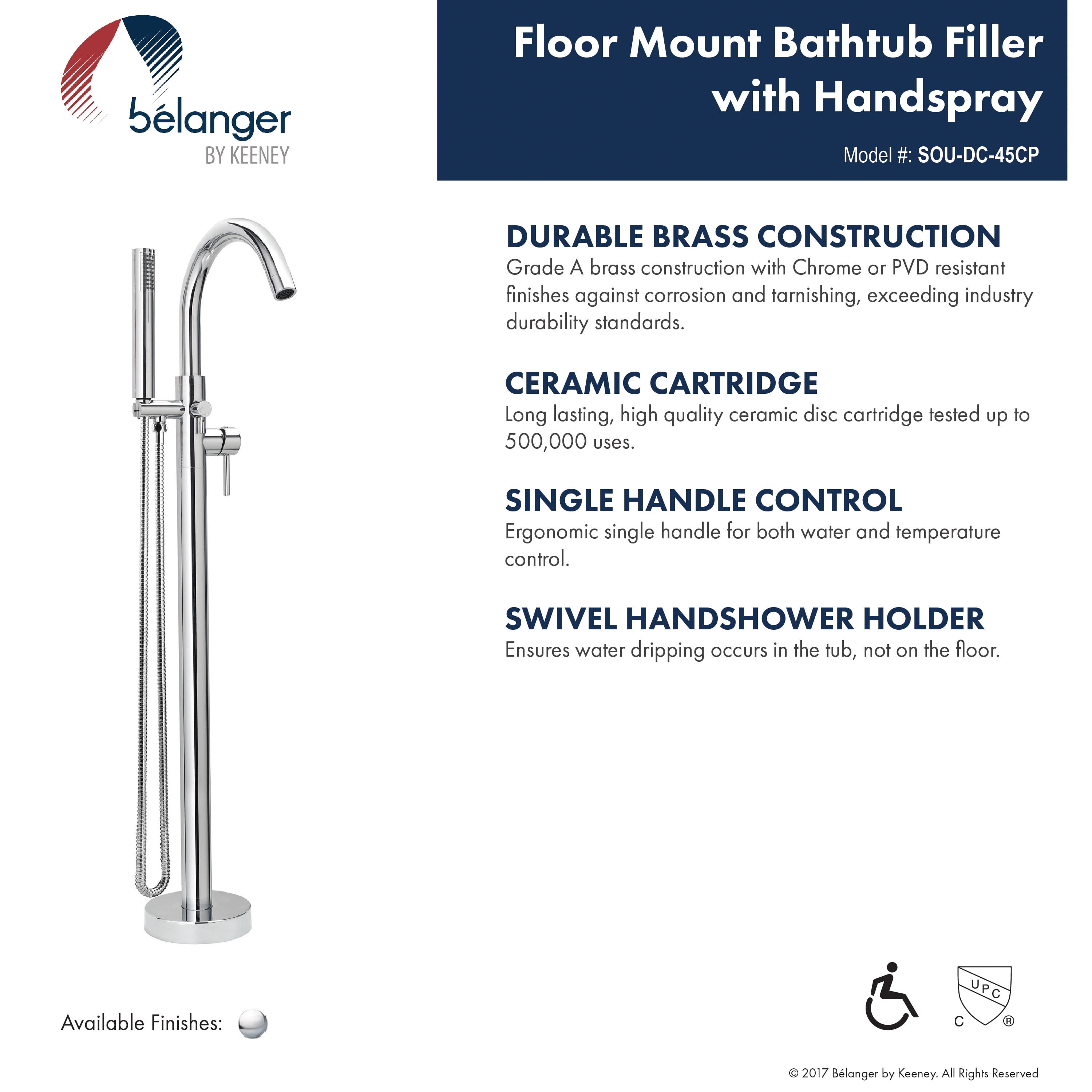 Belanger U-DC-45CP Single Handle Floor Mounted Freestanding Tub Filler, Chrome