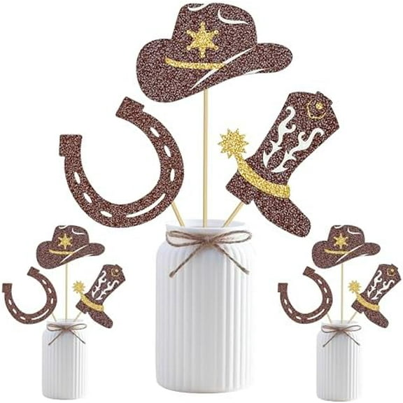 12pcs Cowboy Party Decorations Glitter Horseshoe Cowboy Hats Boots Centerpiece Sticks Western Centerpieces for Table Wild West Party Decorations for Cowboy Rodeo Theme Birthday Party Supplies