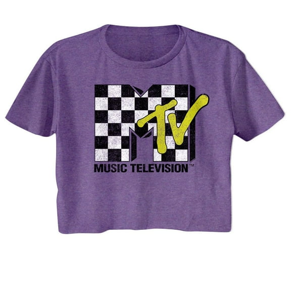 MTV Checkered Purple Heather Women's Festival Crop Top T-Shirt