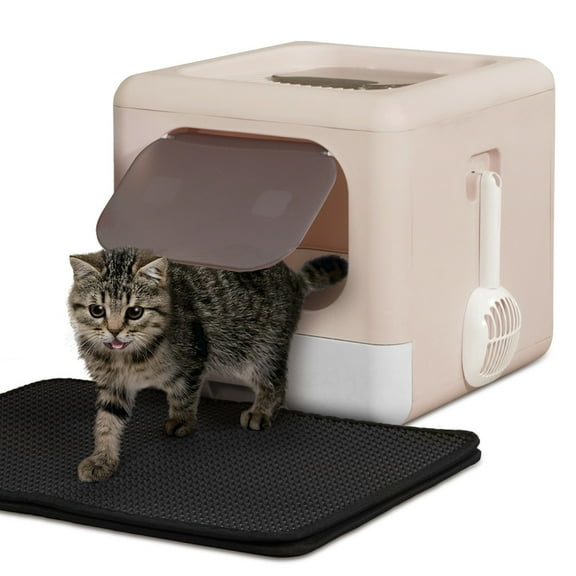 CAPHAUS Foldable Cat Litter Box with Lid for Kitten, Two-Way Entry & Exit Small Cat Box with Scoop, Cat Mat and Odor Fitter, Drawer Type Litter Pan for Easy to Clean, Beige
