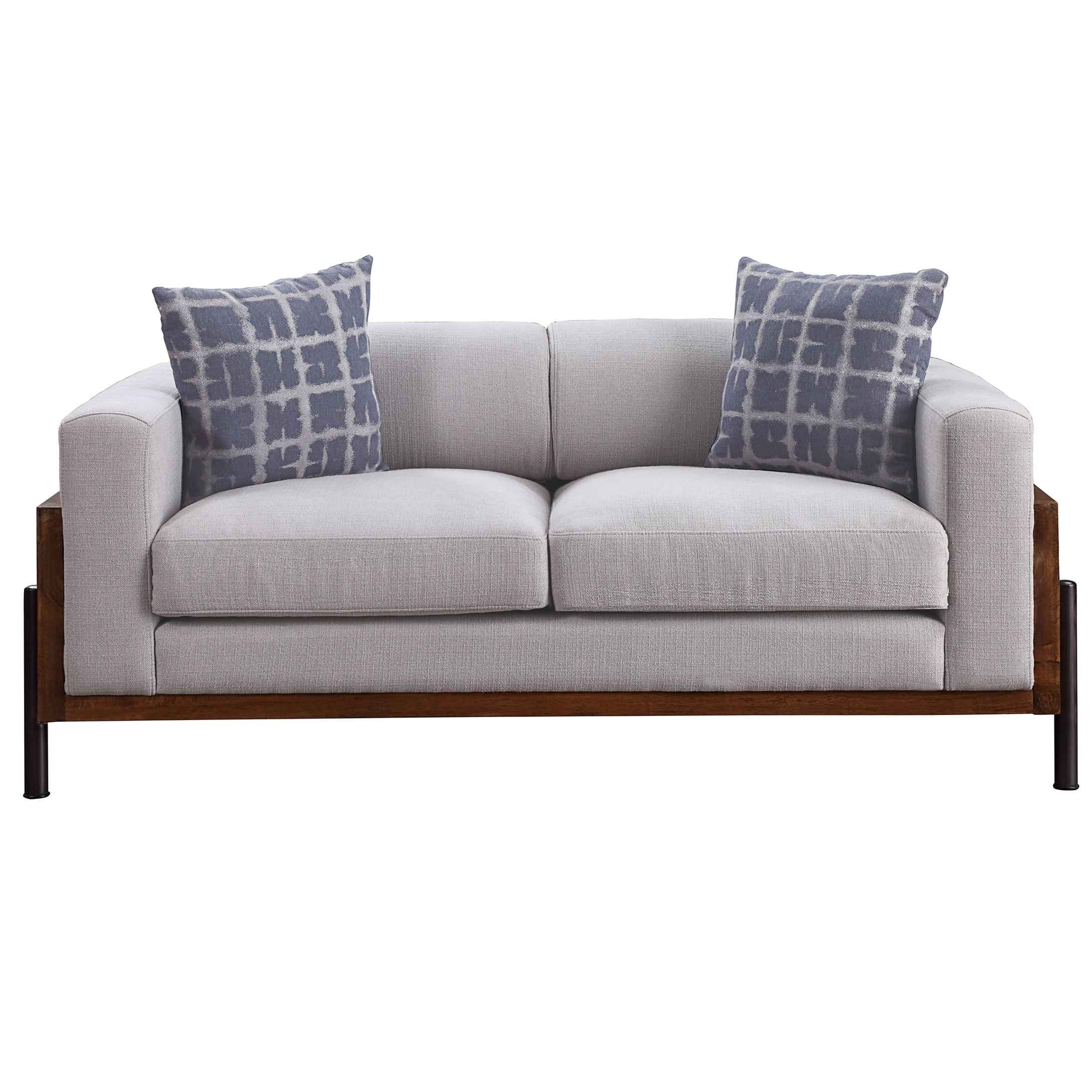 Walnut Finish Fabric Loveseat Sofa with Plush Cushions and Track Arms for Living Room