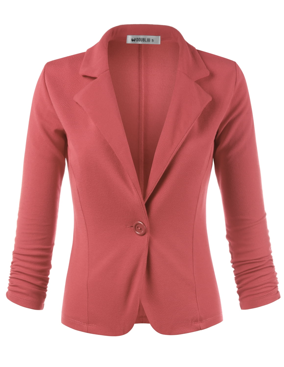 Doublju Women's Casual One Button Cropped Blazer with 3/4 Shirring Sleeve