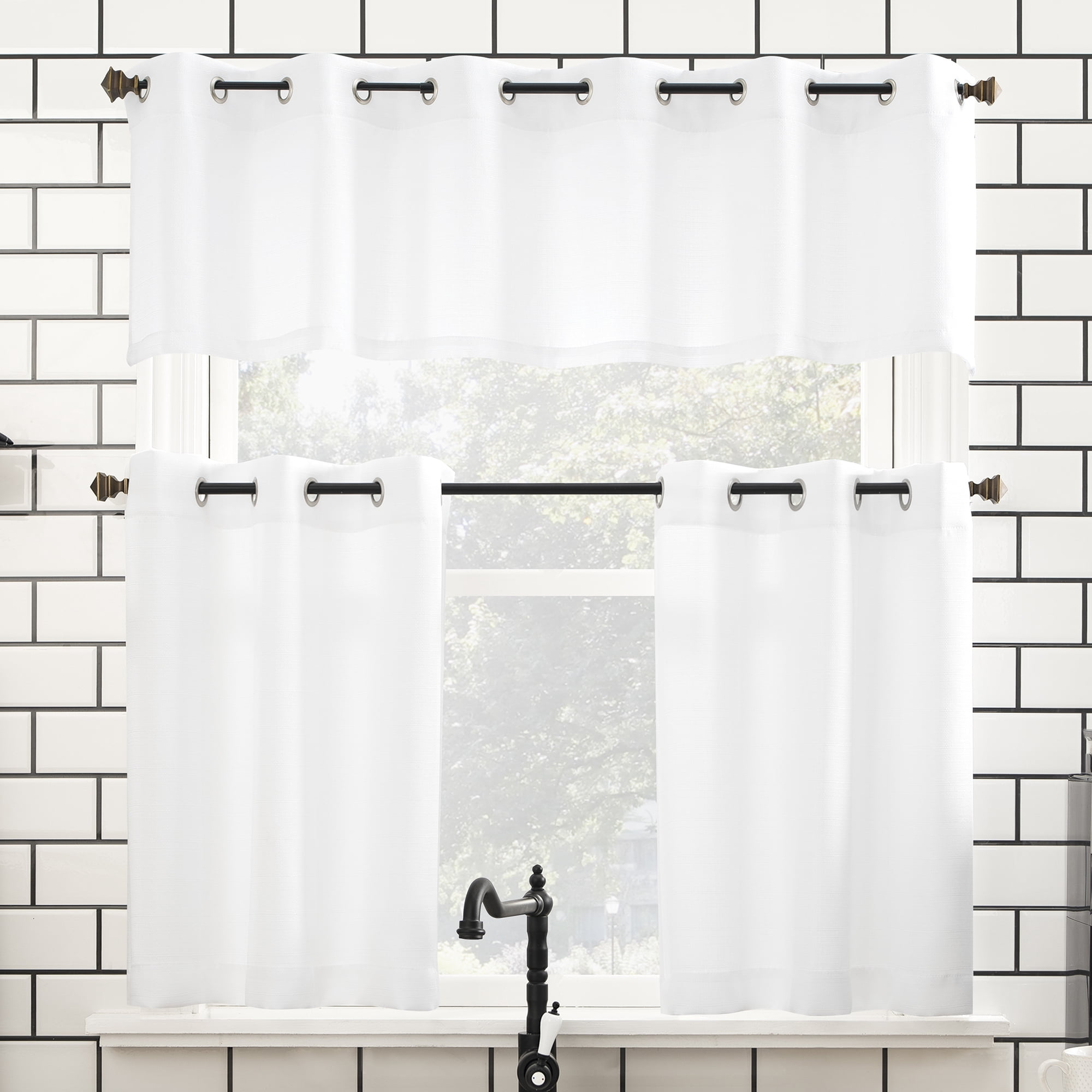 Mainstays Solid Semi-Sheer Curtain Tier Pair and Valance Set, 3-Piece, White, 54 in W x 24 in L