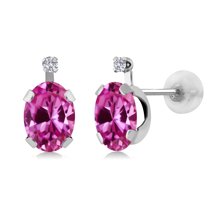 Gem Stone King 1.81 Ct Oval Pink Created Sapphire G/H Lab Grown Diamond 14K White Gold Earrings