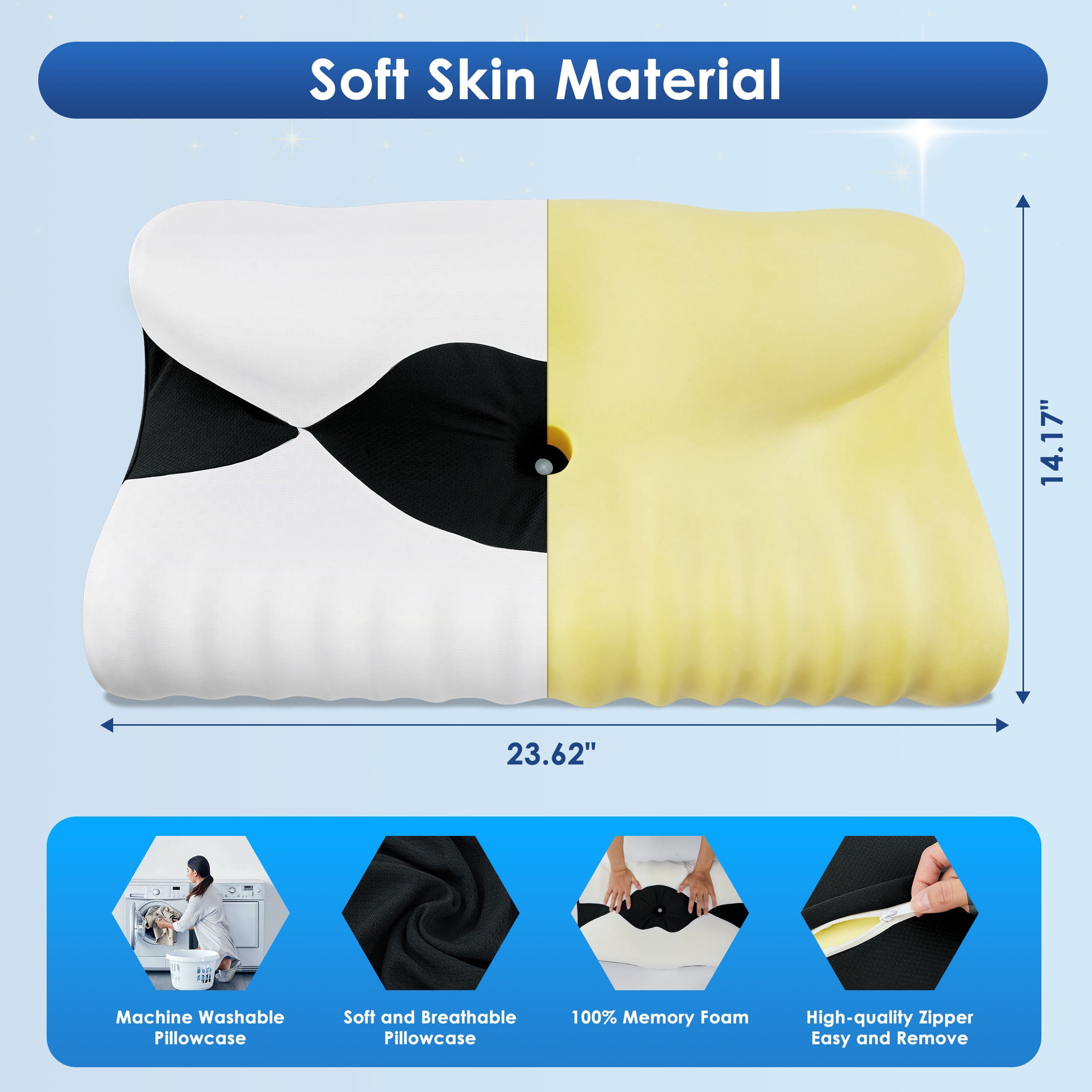 Ergonomic Cervical Memory Foam Pillow for Neck Pain Relief, Orthopedic Contour Pillow with Breathable Cover, for Side, Back, and Stomach Sleepers, Queen Size 23.6"x14.2"x4.7", Black