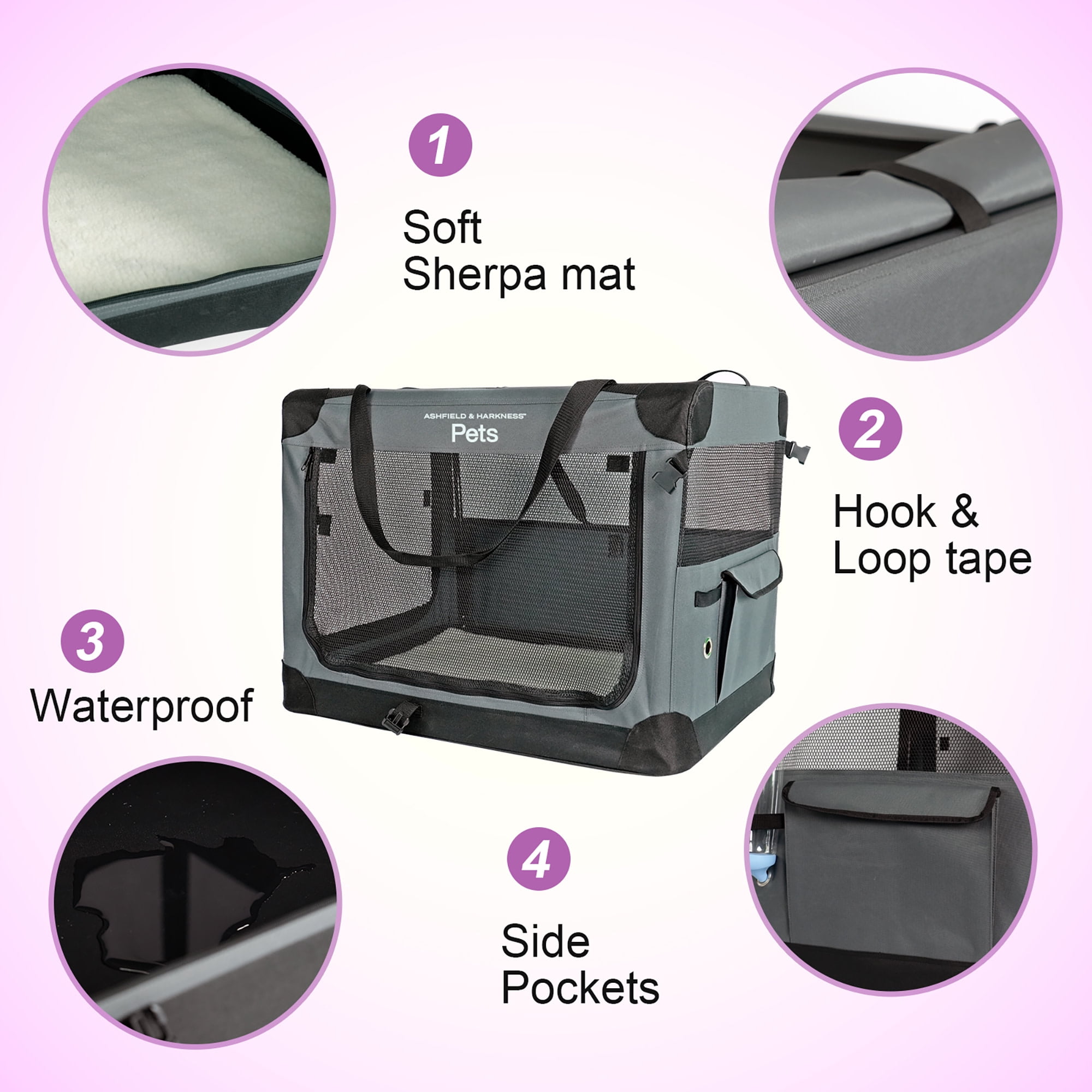 Ashfield & Harkness: Collapsible Soft Dog Crate - 30" - Gray, Sherpa Lined Mat, Durable Mesh Windows, Portable Foldable Pet Kennel, Indoor & Outdoor