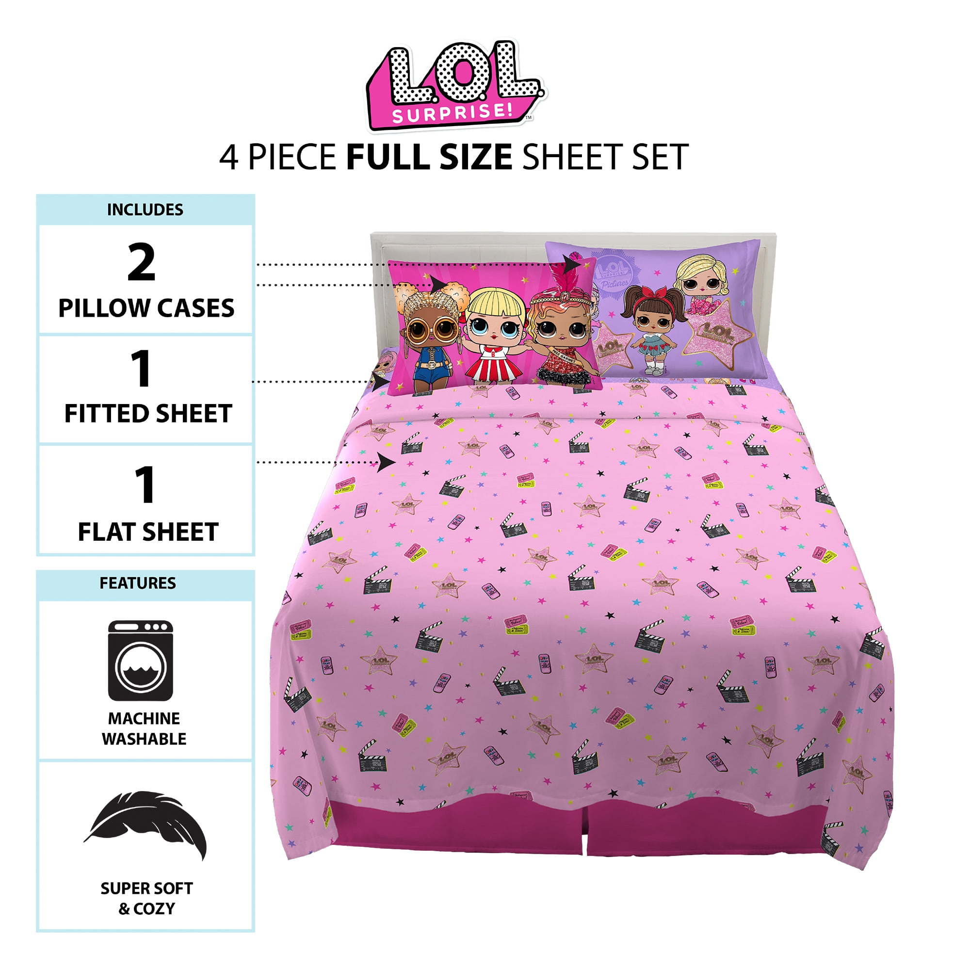 LOL Surprise Kids Full Sheet Set, Pink and Purple, MGA