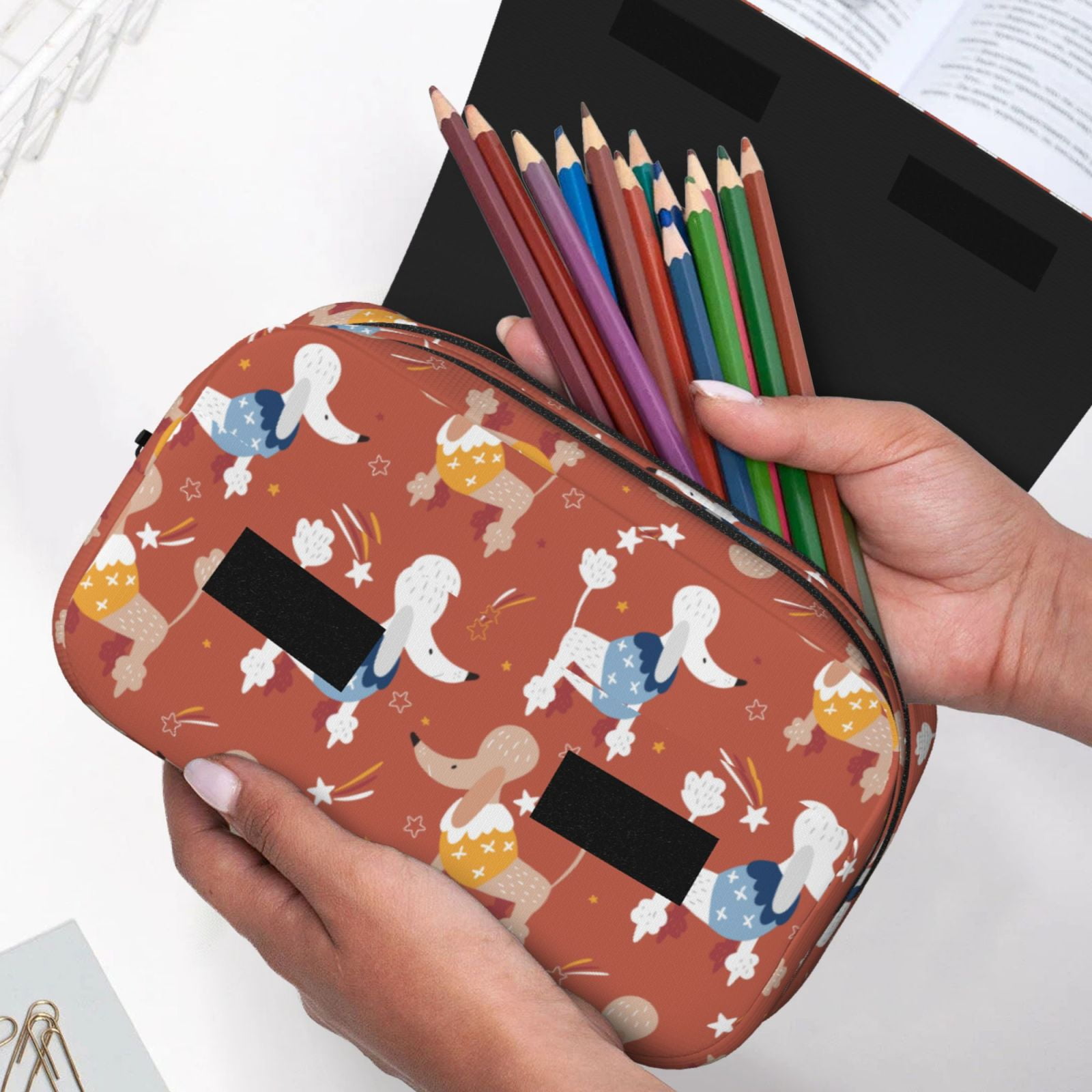 Rateoe Cute Poodle Dog Pattern Double Clamshell Pen Case, Storage Organizer with Two Zipper Compartments– Holds Up to 50 Pencils & Pens