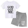 thumbnail image 4 of Conjunto de 2 piezas de camiseta y pantalones cortos con estampado de letras para niños y adolescentes de verano de 4 a 14 años, ropa informal de manga corta para niños y niñas, 4 of 5