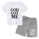 thumbnail image 4 of Conjunto de 2 piezas de camiseta y pantalones cortos con estampado de letras para niños y adolescentes de verano de 4 a 14 años, ropa informal de manga corta para niños y niñas, 4 of 5