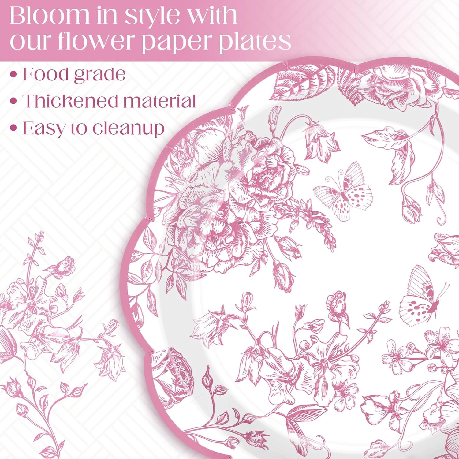 100 Pieces Pink Flower Paper Plates 7 Inches Disposable Floral Paper Plates Scalloped Pink and White Chinoiserie Vintage Flower Dessert Plates for Wedding Birthday Holiday Party Supplies