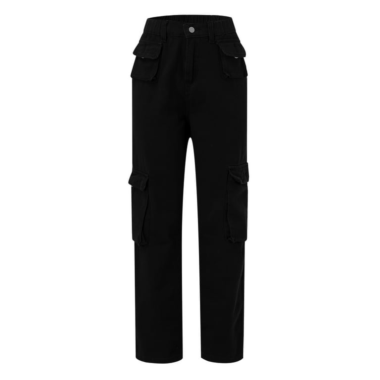 HAXMNOU Women Casual Fashion High Waisted Cargo Pants Wide Leg Casual Denim  Trousers Multi Pocket Cargo Jeans Black XXL