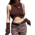 thumbnail image 2 of Liacowi Women Turtleneck Knitted Tank Tops Brown Sleeveless Irregular Ribbed Crop Tops Slim Fit, 2 of 7
