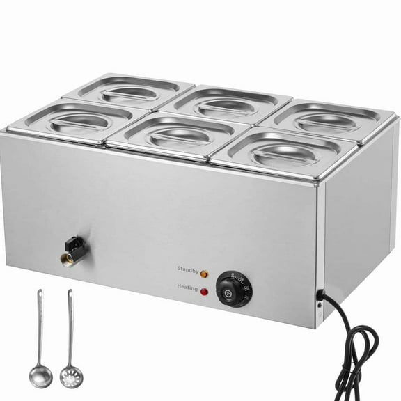 6-Pan Commercial Food Warmer, 14. 3 qt. Electric Steam Table, 1200W Bain Marie, Stainless Steel Buffet Heater
