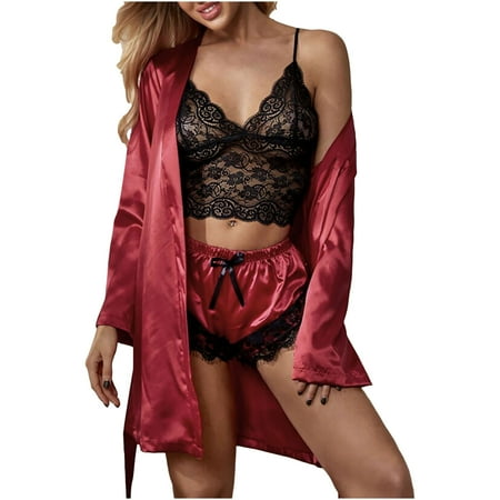 

solacol Women Plus Size Sexy Lingerie Silk Robe Satin Bathrobe Sleepwear Pajamas Suit