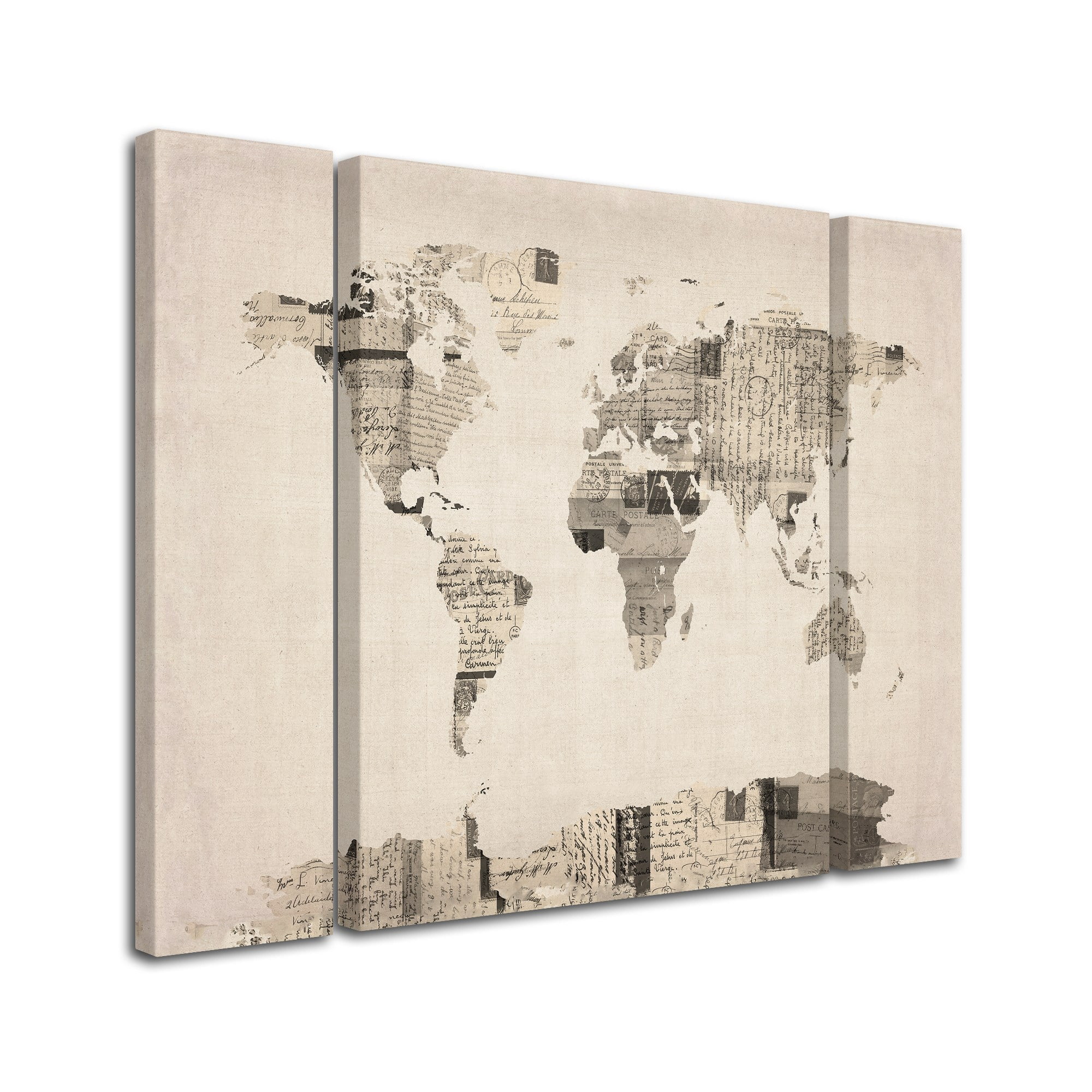 Trademark Fine Art "Postcard World Map" Canvas Art by Michael Tompsett Three Panel Set