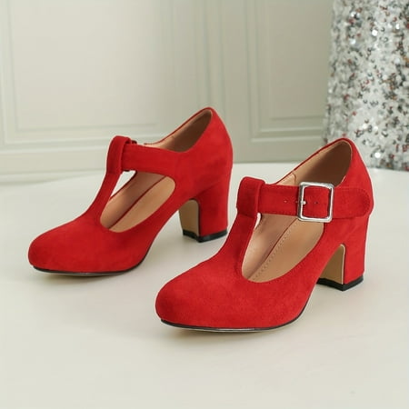 

Women s T-strap Cut-out Block Heels Comfy All-Match Solid Color Dress Shoes