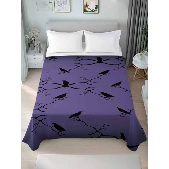 Queen Size Flat Sheet Only,Happy Halloween Black Crow Scary Shadow Seamless Soft Top Bed Sheets Breathable Bedding Sheet Purple Back Microfiber Hotel Luxury Top Sheets