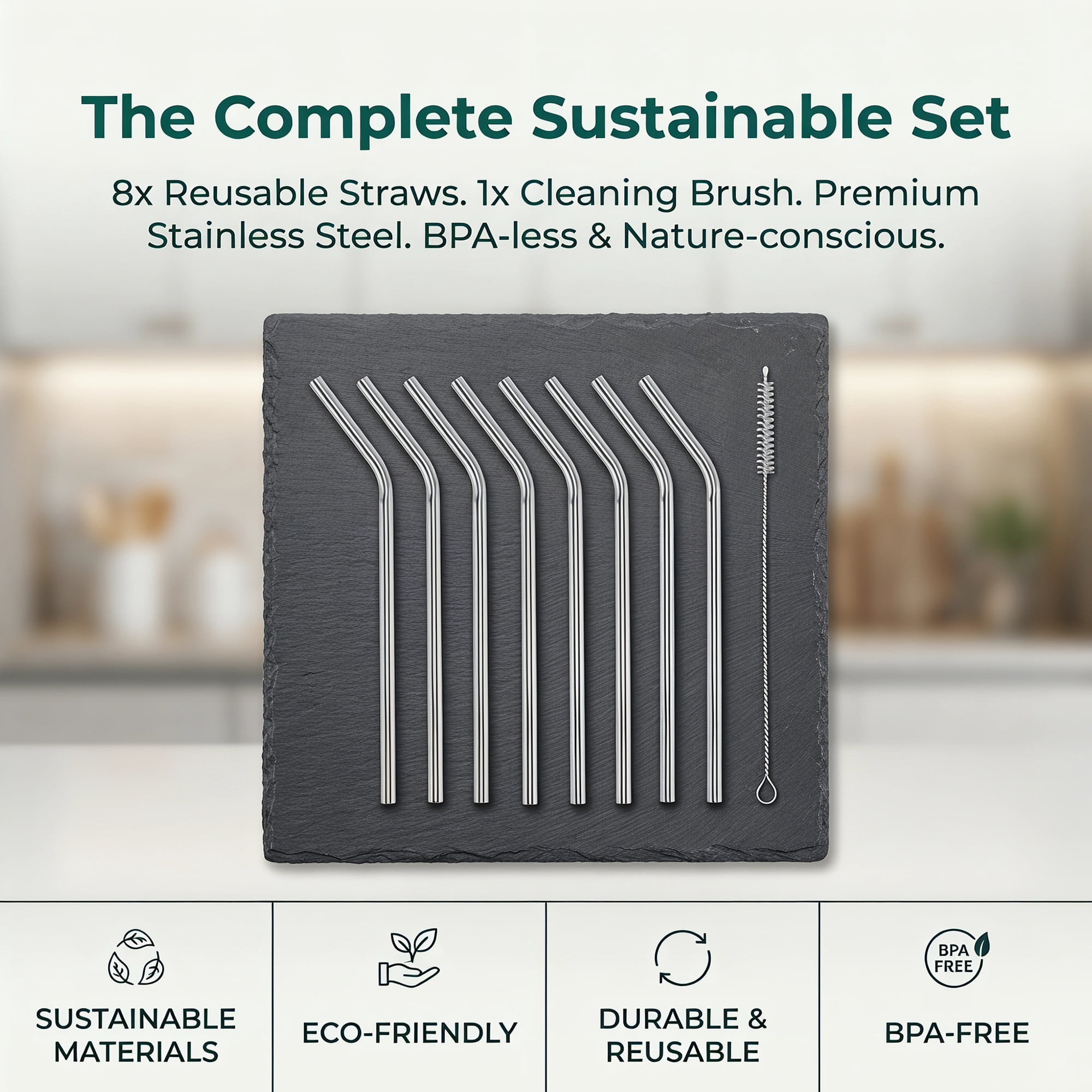 Unique Bargains 8Pcs Reusable Stainless Steel Straws with Brush Bend Pipe 0.4" x 11.8"