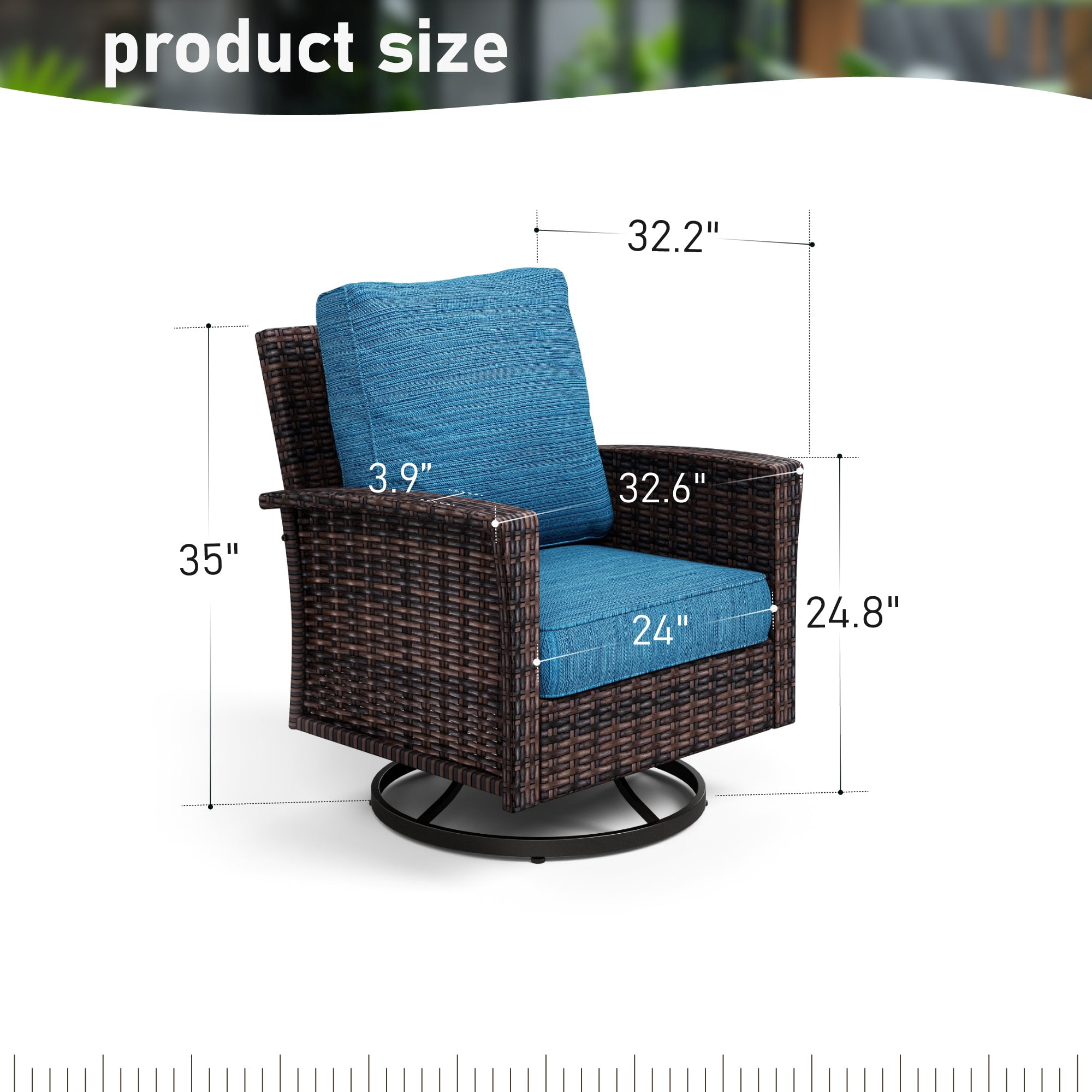 2-Piece Outdoor Swivel Chairs, Wicker Patio Club Lounge Chairs With Backrests & Cushions for Garden, Pool, Porch, Yard, Peacock-blue