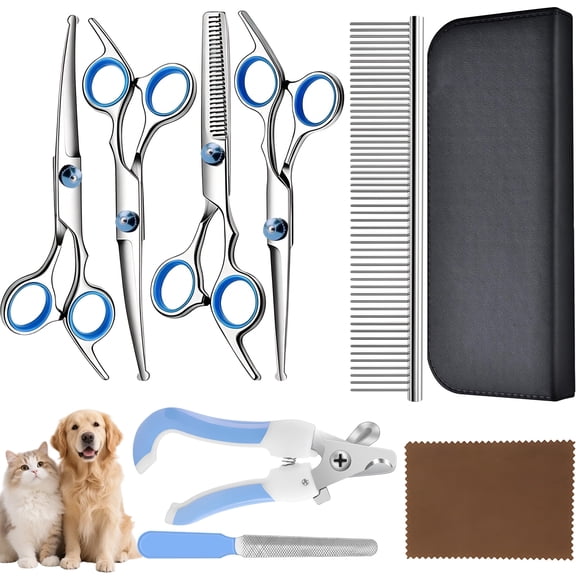 START MAKERS 8-in-1 Dog Grooming Scissors Kit, 4 Stainless Steel Safe-Tip Scissors, Ergonomic Handles, Dog Nail Clippers & File, Cleaning Cloth, Storage Bag