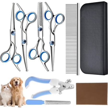START MAKERS 8-in-1 Dog Grooming Scissors Kit, 4 Stainless Steel Safe-Tip Scissors, Ergonomic Handles, Dog Nail Clippers & File, Cleaning Cloth, Storage Bag