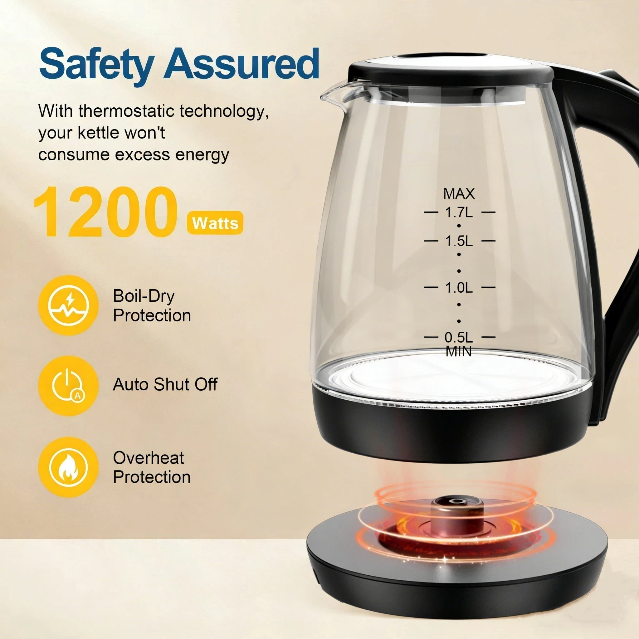 CACHOO Electric Kettle, 1.7L Tea Kettle & Hot Water Boiler for Coffee & Tea, Water Heater & Teapot, Automatic Shut Off, Borosilicate Glass, Black, 1200W