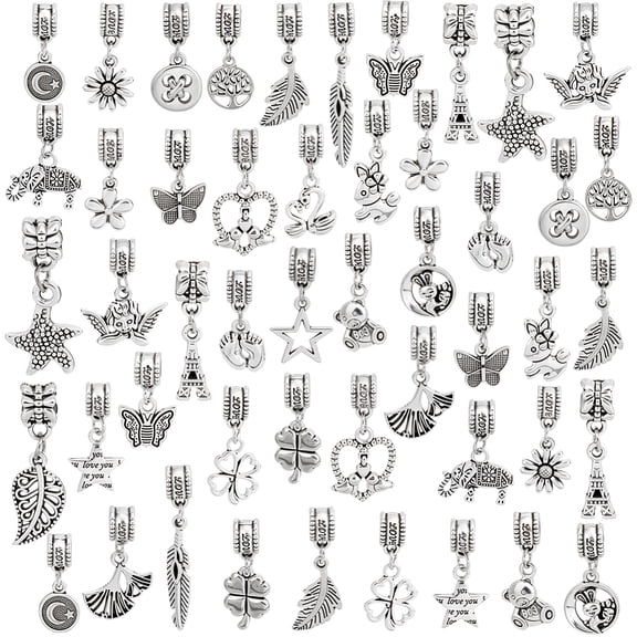 50Pcs 25 Styles Alloy European Dangle Charms Large Hole Pendants Mixed Shapes Antique Silver 22~39mm Hole: 4.5~5.5mm 2pcs/style