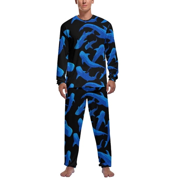 Pijama de tiburón abstracto de primavera de dos piezas con estampado animal colorido, conjunto de pijama cálido para hombre, ropa de dormir gráfica de manga larga para el hogar