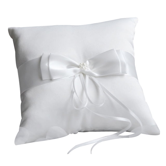 Billuyoard Anillo Almohada Perlas románticas Cojín Portador Blanco Lindo Satén Anillos Titular Matrimonio Nupcial Adornos Suministros de boda Kits de decoración para fiestas 60g 15x15cm