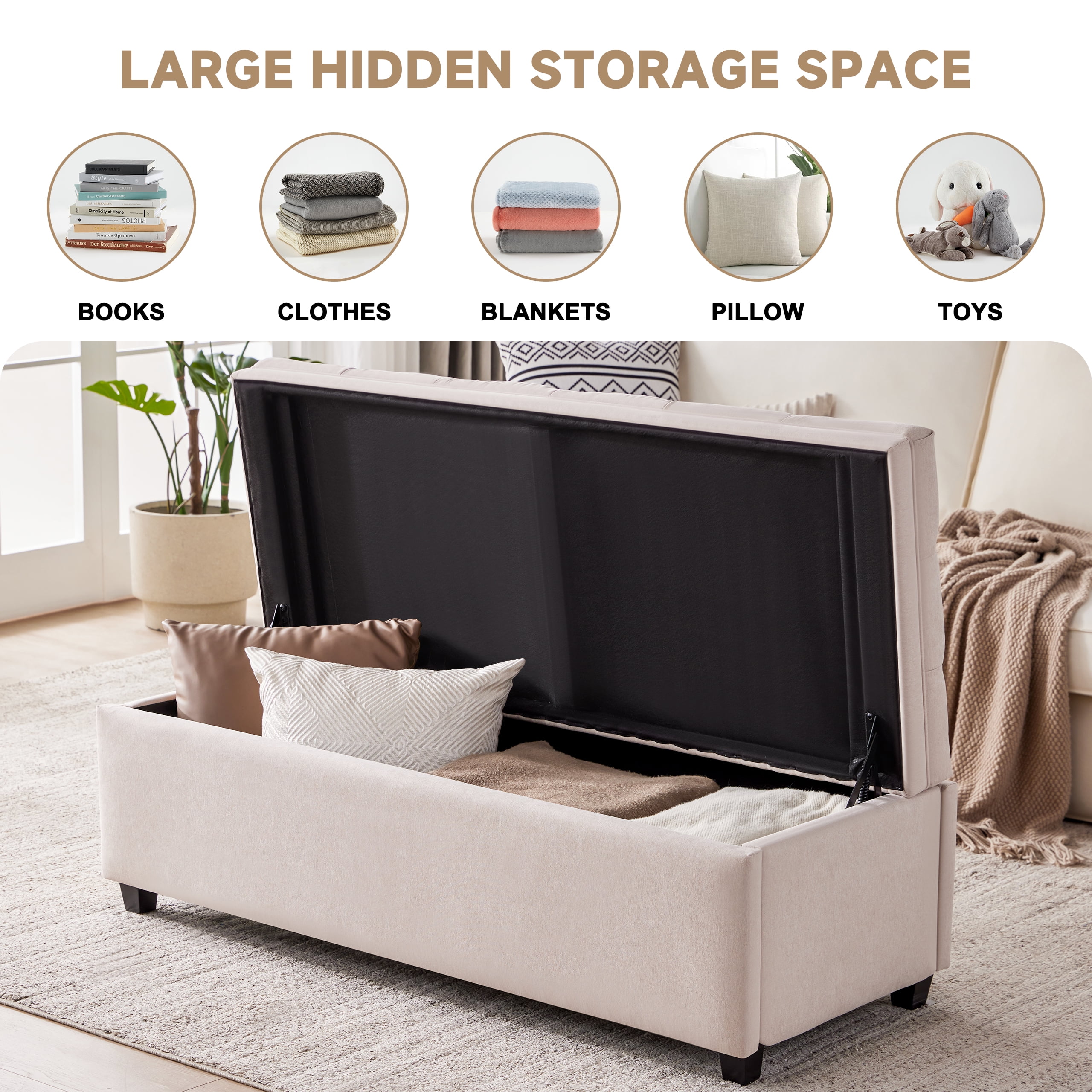 Weture 50-Inch Tufted Storage Ottoman Bench, Large Modern Entryway Bedroom Bench, Beige