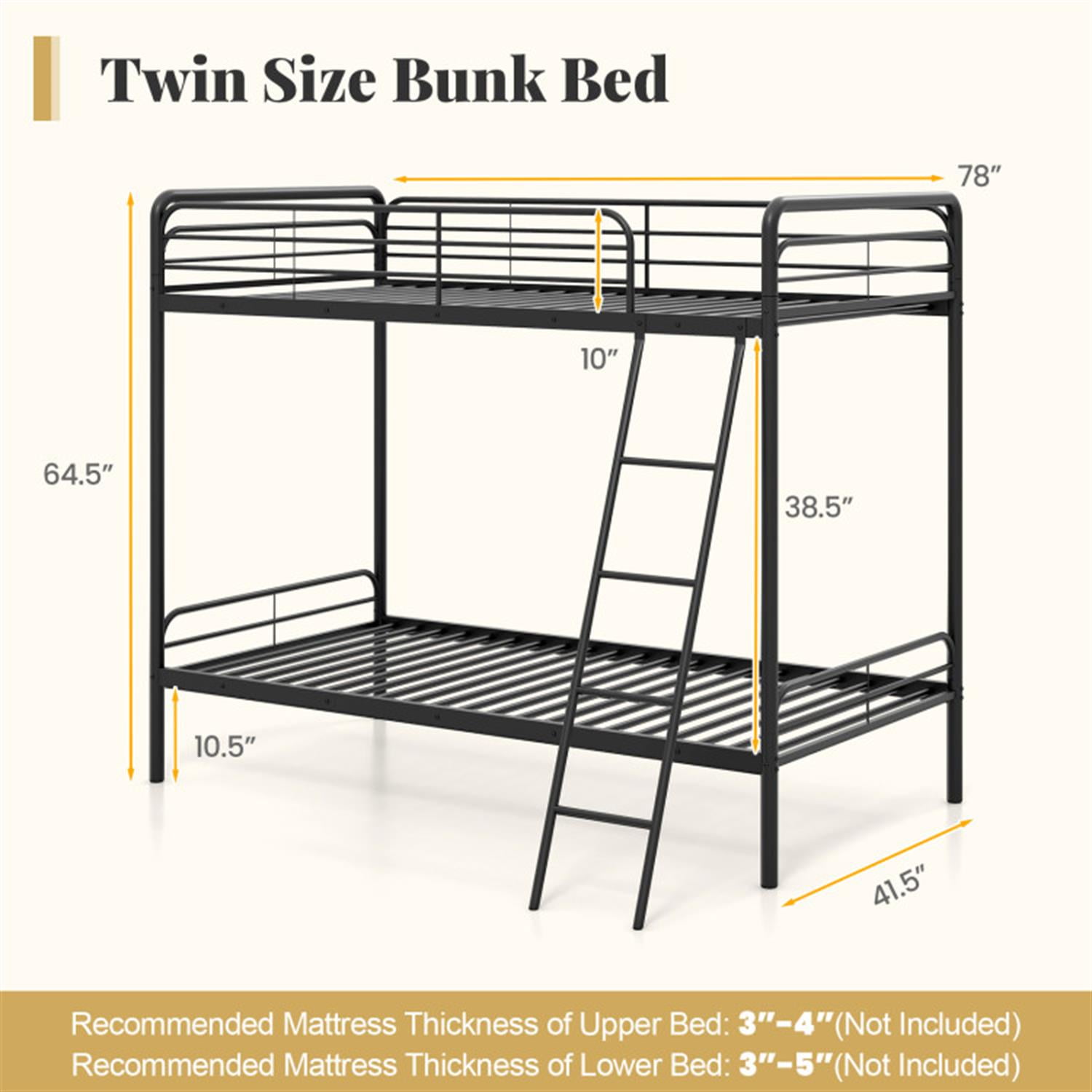 Demi Bonn Heavy Duty Metal Bunk Bed with Ladder and Safety Guardrails, Bunkbeds for Bedroom, No Box Spring Needed, Black