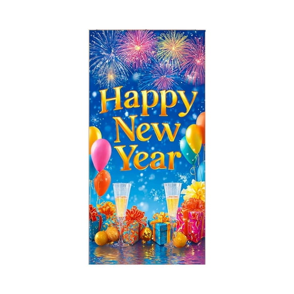 Rideau de Porte du Nouvel An D pour Décoration de Fête 2026, Bannière Suspendue en Tissu, Toile de Fond Style D, Mesurant 35,43 X 70,87 Pouces, Matériau en Tissu, Design Bonne Année