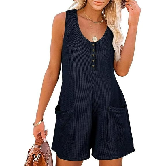 Women's Summer V Neck Casual Rompers Sleeveless Button Down Waffle Short Jumpsuits with Pockets, XL