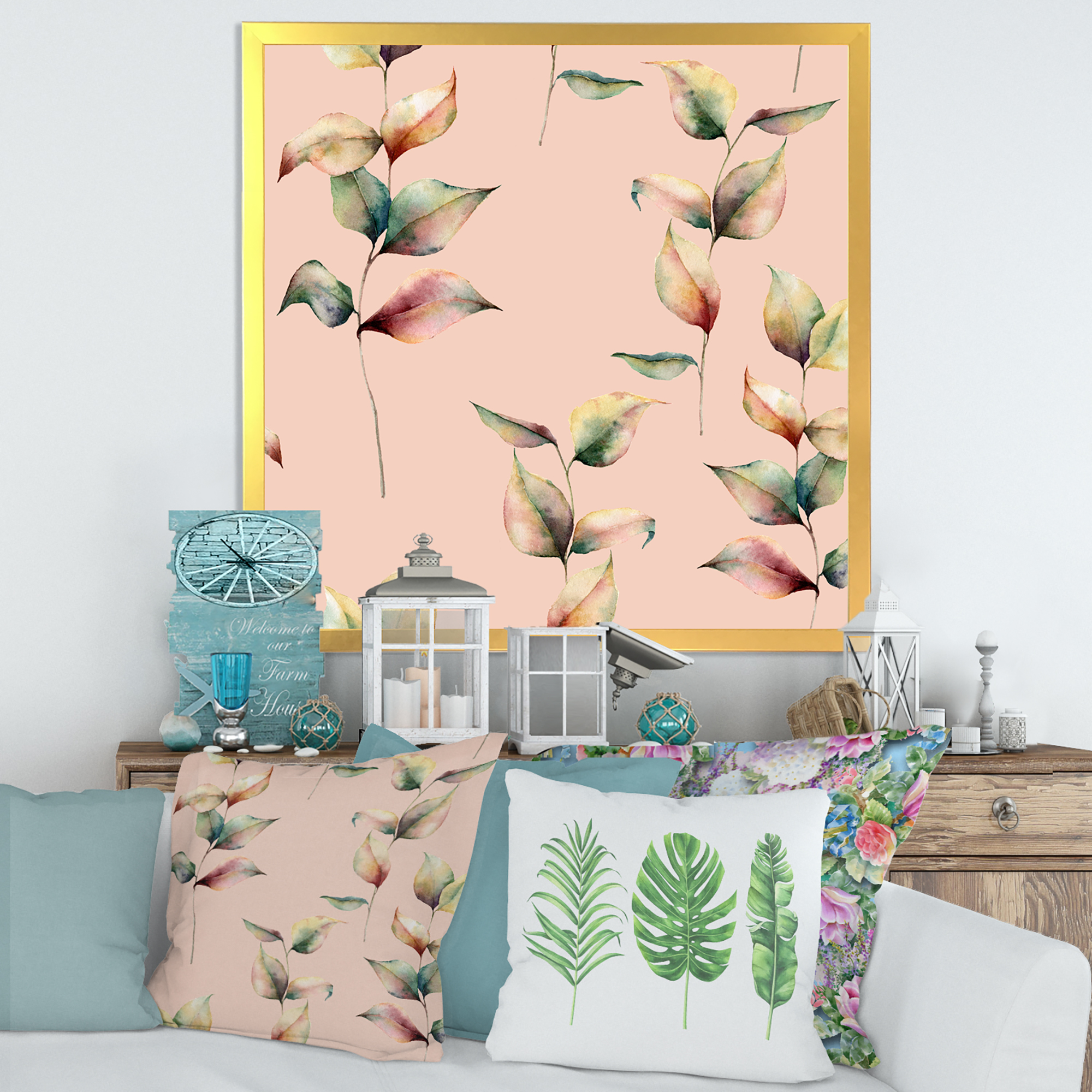 Designart 'Autumn Pink Leaves with Branch On Pastel Colors' Traditional Framed Art Print