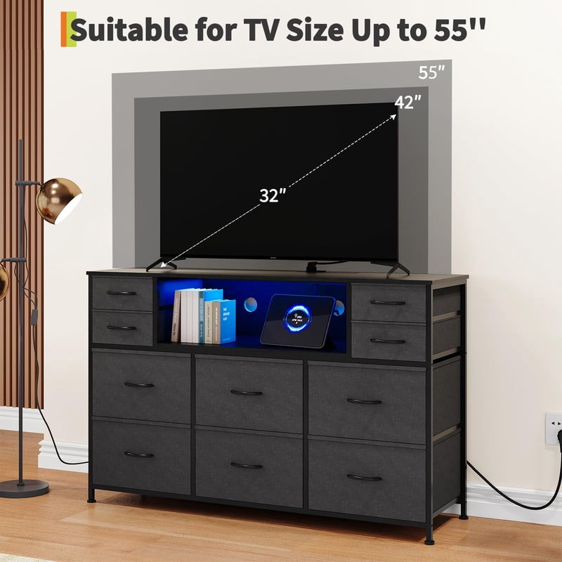 TROPOW 10 Fabric Drawers Dresser with LED Lights, Entertainment Center with Charging Station, Wood Top, Open Shelves, TV Stand for 40"-55" TV, Chest of Drawers for Bedroom Living Room Hallway