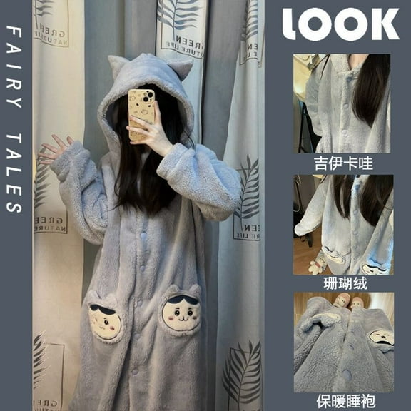 Cute Chiikawa Pajamas Women Winter Coral Velvet Kawaii Hachiware Usagi Robe Velvet Thickened Warm Hooded Nightgown Home Clothes