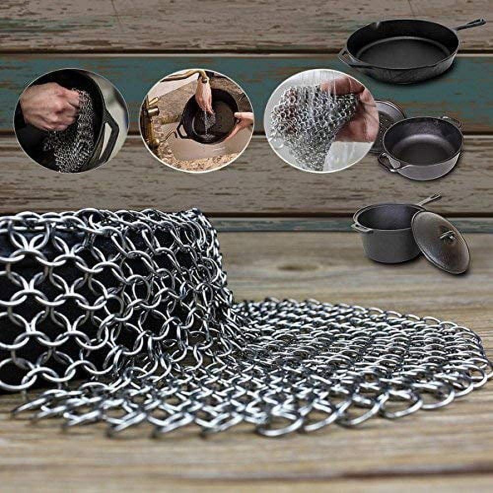 Cast Iron Cleaner Stainless Steel Chainmail Scrubber With 2 Pcs Durable  Plastic Pan Grill Scrapers 7 * 7 Inch Cast Iron Cleaner