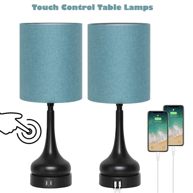 Set of 2 Touch Control Table Lamps with Fabric Shade USB Ports for Living Room
