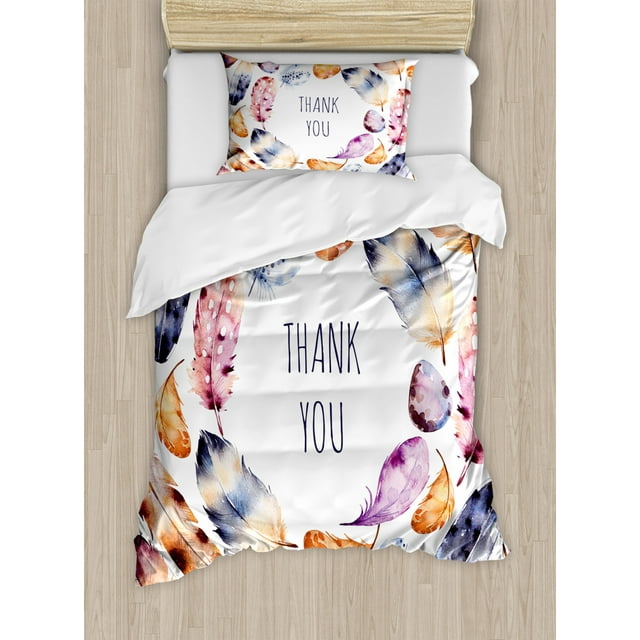 Tribal Decor Twin Size Duvet Cover Set, Bird Hawk Colored Feathers with Hand Written Thank You Note in Middle Print, Decorative 2 Piece Bedding Set with 1 Pillow Sham, Multicolor, by Ambesonne