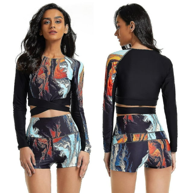 Lishi Geometric Print Rash Guard Two-piece Swimsuit - UV Protection, Long Sleeve, Women's Surfing Shirt